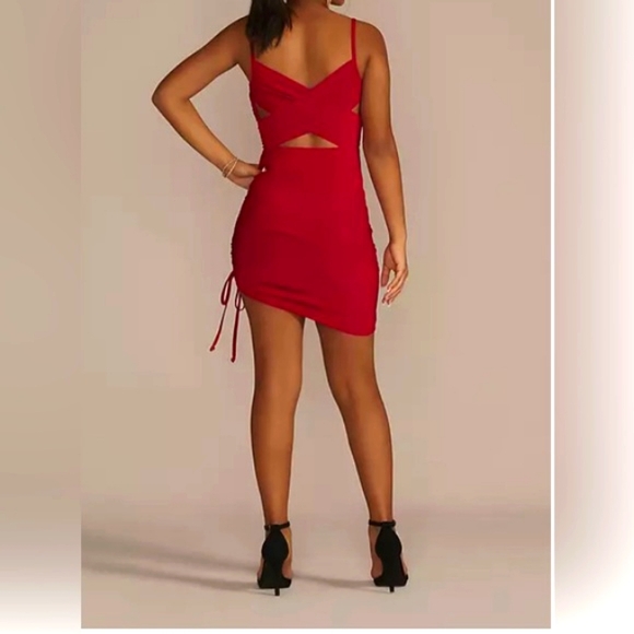 Morgan & Co Asym Bodycon Jersey Sheath Red Dress Size 12 Criss Cross Back - Picture 1 of 8